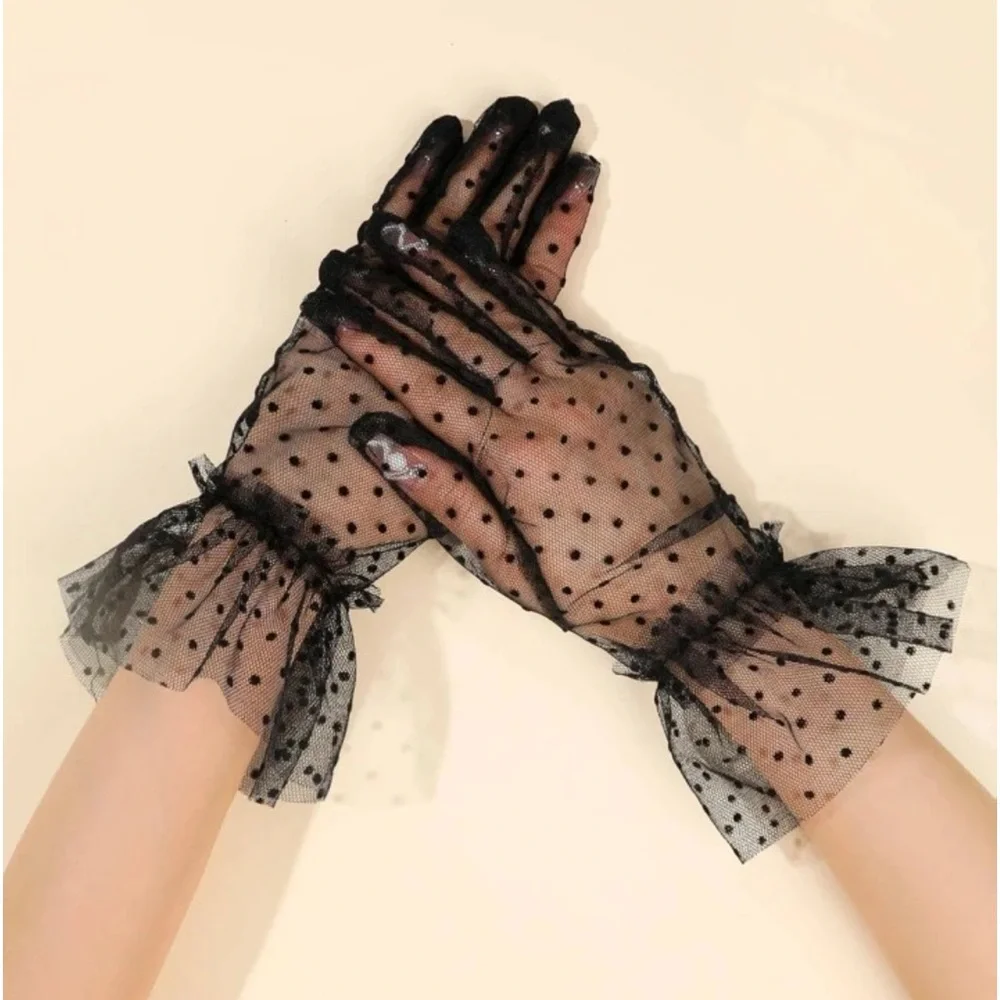 Women Polka Dot Flower Decor Fashion Hair Clip & Gloves Set